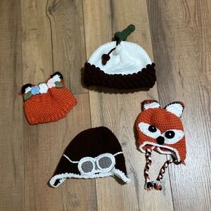 Lot of 4 Handmade Crochet Beanie Hats Knitted Cut Childrens Hat Hand Knitted